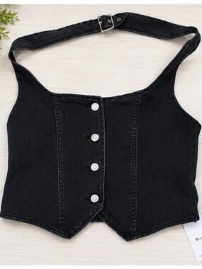 ELLEVEN Denim Halter Corset Top in Dark Gray